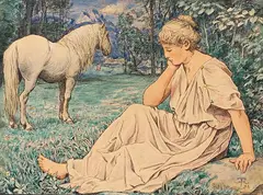 Schimmel und Sitzende by Hans Thoma, 1891, Watercolor and India ink, sold Dec 2023