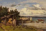 Adolf Heinrich Lier, Fischer am Seeufer, Um 1870, Oil on paper, laminated on panel
