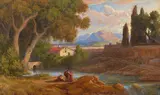 Ludwig Richter, Landschaft bei den Sabiner Bergen (Rocca di Mezzo), Um 1825, Oil on paper, laminated on light cardboard