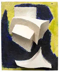 Kurt Schwitters, Ohne Titel (Bewegtes Weiss auf Blau und Gelb), Um 1944, Relief. Oil on panel and malleable matter on panel