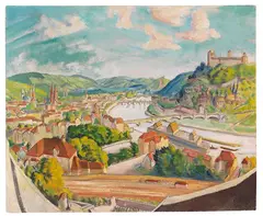 Erich Heckel, Würzburg. Landschaft mit drei Brücken, 1927, Tempera