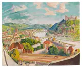 Erich Heckel, Würzburg. Landschaft mit drei Brücken, 1927, Tempera