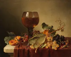 Johann Wilhelm Preyer, Stillleben mit Selbstportrait im Weinglas und Früchten, 1861, Oil on canvas