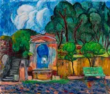 Hans Purrmann, Barockbrunnen im Hof der Villa Le Lagore, 1963, Oil on canvas, laid on panel