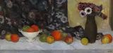 Emil Orlík, Früchtestillleben mit geblümtem Stoff und Vase