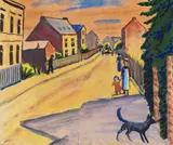 August Macke, Sonnige Straße mit Hund