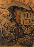 Otto Mueller, Zigeunerin mit Kind vor dem Planwagen, 1926/27, Lithograph in colors