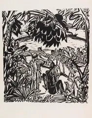 Ernst Ludwig Kirchner, Badeszene unter überhängenden Baumzweigen, Fehmarn, 1913, Woodcut