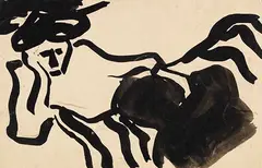 Liegende im schwarzen Rock by Karl Schmidt-Rottluff, 1910, India Ink and brush over pencil on postcard, sold Jun 2023