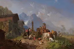 Gebirgsdorf mit Brunnen. Im Hintergrund das Wettersteingebirge by Heinrich Bürkel, 1845, Oil on panel, sold Jun 2023