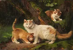 Julius Anton Adam, Spielende Katzenfamilie im Wald, Um 1860/70, Oil on canvas