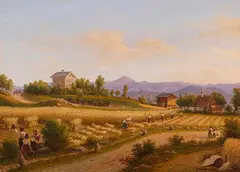 Wilhelm Brücke, Sommerliche Landschaft mit Kornernte, 1849, Oil on light board