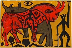 A. R. Penck, Stier und Nashorn verrückt, 1996, Acrylic on canvas