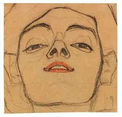 Kopf einer jungen Frau, von unten gesehen by Egon Schiele, 1908/09, Charcoal drawing and red color pen, sold Jun 2023