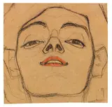 Egon Schiele, Kopf einer jungen Frau, von unten gesehen, 1908/09, Charcoal drawing and red color pen