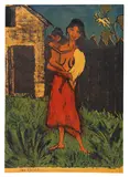 Otto Mueller, Stehende Zigeunerin mit Kind auf dem Arm, 1926/27, Lithograph in colors with additional color appl...
