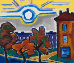 Karl Schmidt-Rottluff, Sonne über Häusern, 1963, Oil on canvas