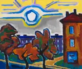 Karl Schmidt-Rottluff, Sonne über Häusern, 1963, Oil on canvas