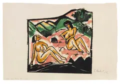 Erich Heckel, Zwei sitzende Frauen, 1912, Woodcut in colors