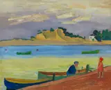 Gabriele Münter, Mädchen und Fischer mit Booten, Wohl um 1915, Oil on cardboard