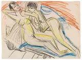 Ernst Ludwig Kirchner, Zwei nackte Mädchen auf dem Bett, 1913, Pastel and charcoal drawing