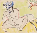 Heckel mit blauem Hut by Ernst Ludwig Kirchner, Um 1909, Color Chalk drawing, sold Dec 2022