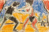 Erich Heckel, Damenringkampf, 1910, Colored chalk drawing on a postcard to Emy Frisch