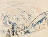 Stafelalp (Berglandschaft bei Davos mit Berghütte) by Ernst Ludwig Kirchner, Um 1923, Colored chalk drawing, sold Dec 2022