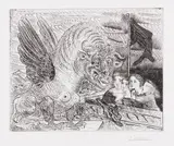 Pablo Picasso, Harpye à tête de taureau, et quatre petites filles sur une tour surmontée d'un drapeau noir, 1934, Etching