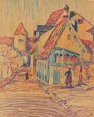 Fritz Bleyl, Häusergruppe und Stadtturm, Um 1906, Colored chalk drawings