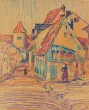 Fritz Bleyl, Häusergruppe und Stadtturm, Um 1906, Colored chalk drawings