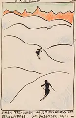 Cuno Amiet, Postkarte: Berglandschaft mit Skifahrer, 1911, Colored crayon drawing and India ink
