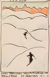 Cuno Amiet, Postkarte: Berglandschaft mit Skifahrer, 1911, Colored crayon drawing and India ink
