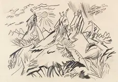 Ludwig Meidner, Apokalyptische Landschaft (Landschaft mit Häusern und spitzen Hügeln), 1912, Pencil drawing