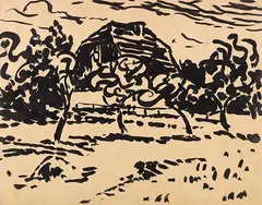 Fritz Bleyl, Haus hinter Bäumen, 1907, Brush and India ink drawing