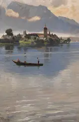 Karl Raupp, Kahnfahrt auf dem Chiemsee vor der Fraueninsel, Wohl 1870, Oil on cardboard