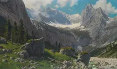 Blick von der Höllentalangerhütte zum Höllentalgletscher und den Riffelwandspitzen by Rudolf Reschreiter, Wohl um 1921, Oil on canvas, sold Dec 2022