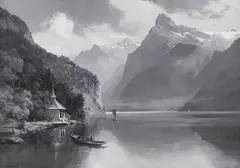 Vierwaldstätter See mit Tellskapelle gegen Uri Rotstock by Edward Theodore Compton, Um 1895, Gouache, sold Dec 2022