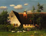 Paul Wilhelm Keller-Reutlingen, Spielende Kinder und Gänse vor dem Bauernhof, Um 1900, Oil on canvas