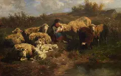 Anton Braith, Kleine Hirtin mit Schafen, 1881, Oil on canvas