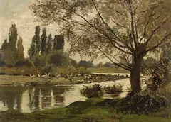 Flußlandschaft mit Vögeln und Weide by Hermann Baisch, 1880/90, Oil on paper, laminated on board, sold Dec 2022