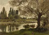 Hermann Baisch, Flußlandschaft mit Vögeln und Weide, 1880/90, Oil on paper, laminated on board