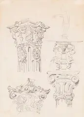 Wilhelm Busch, 6 Bll.: Küchenutensilien (Bl. 1a u. b). Säulenkapitelle (Bl. 2). Säulen, Kapitell und Konsole (Bl. 3). Fensterportale und Architekturornamente (Bl. 4). Buchstaben (Bl. 5), Zwischen 1865–188, Pencil drawings
