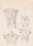 Wilhelm Busch, 6 Bll.: Küchenutensilien (Bl. 1a u. b). Säulenkapitelle (Bl. 2). Säulen, Kapitell und Konsole (Bl. 3). Fensterportale und Architekturornamente (Bl. 4). Buchstaben (Bl. 5), Zwischen 1865–188, Pencil drawings