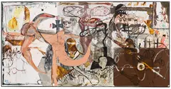 Jonathan Meese, Der Schädelforscher "Narsato": Im Insektenbuch des Volkstribuneroz "Gnaeus", 2002, Mixed media on canvas