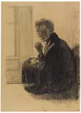 Käthe Kollwitz, Frühstück auf der Treppe, 1909, Chalks