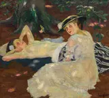 Edward Cucuel, Heißer Tag (Zwei Damen unter Bäumen), 1915, Oil on canvas