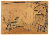 Otto Mueller, Sitzender Rückenakt am Ufer (Sitzende am Teich / Am Seeufer), Um 1925, Watercolor, blue pencil and color chalks