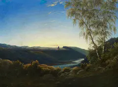 Carl Wagner, Elblandschaft bei Sonnenaufgang, Wohl 1821, Oil on canvas, laminated on panel