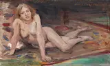 Lovis Corinth, Liegender, blonder Mädchenakt auf buntem Teppich, Um 1912, Oil on canvas
